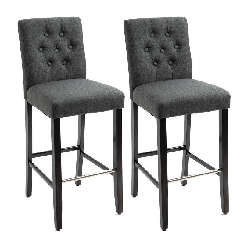 Gray Linen Upholstered Armless Bar Stools with Wood Legs