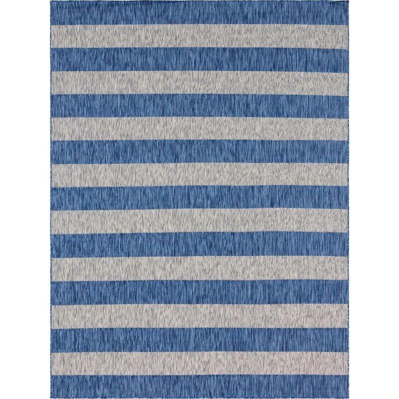 Blue and White Striped Outdoor Synthetic Rug, 9' x 12'