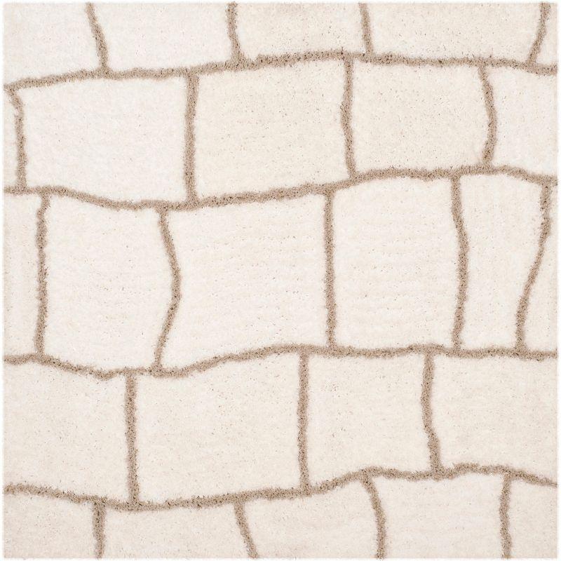 Ivory and Silver Hand-Tufted Shag 5' Square Rug