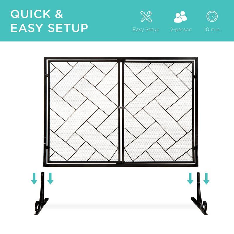 Best Choice Products 44x33in 2-Panel Handcrafted Wrought Iron Geometric Fireplace Screen w/ Magnetic Doors