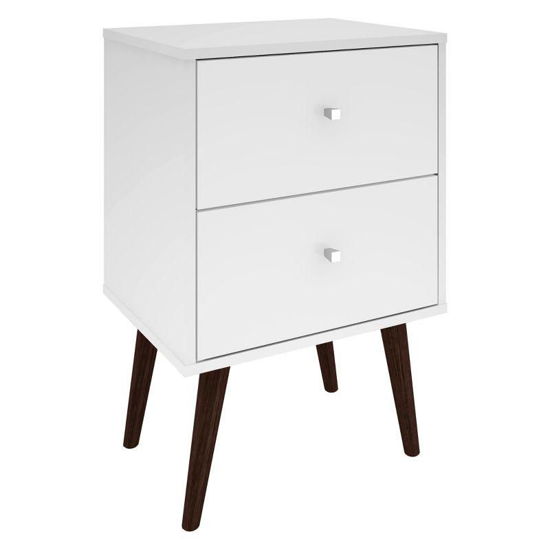 Mid-Century Modern White Gloss Nightstand with Metal Handles and Storage