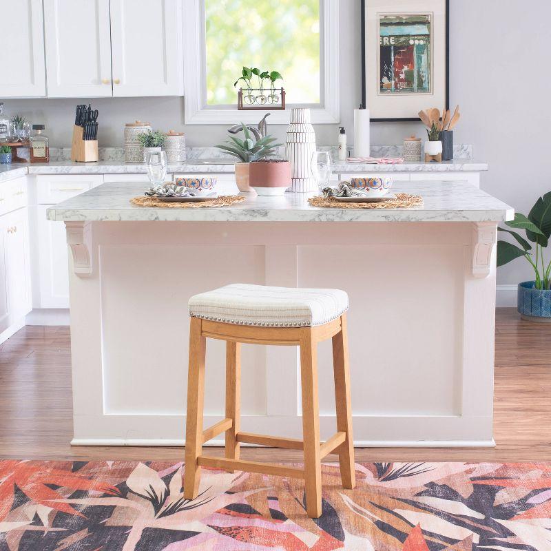 Natural Wood Backless Saddle Counter Stool with Striped Linen Seat