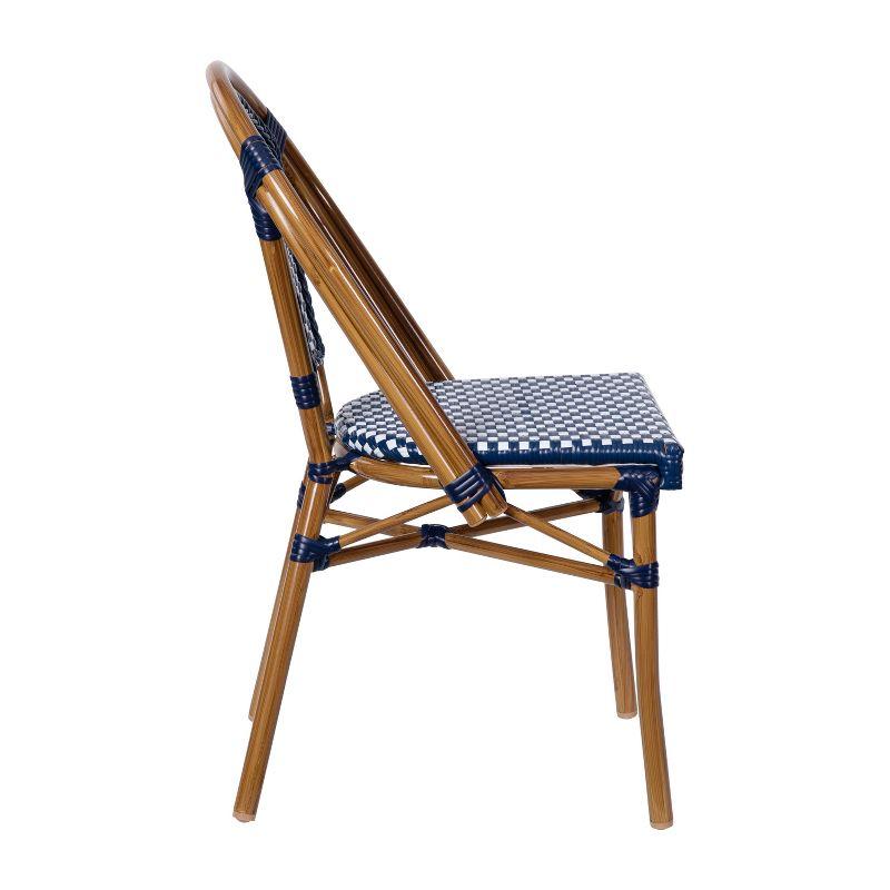 Emma & Oliver Soie Set of Two Stacking Bistro Chairs with Navy and White PE Seat and Back and Bamboo Finished Aluminum Frame for Indoor/Outdoor Use