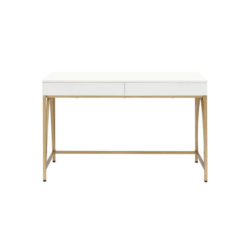 Light Mane Desk White High Gloss/Gold - Acme Furniture: 31" H, 2 Drawers, Metal Frame, 47" W