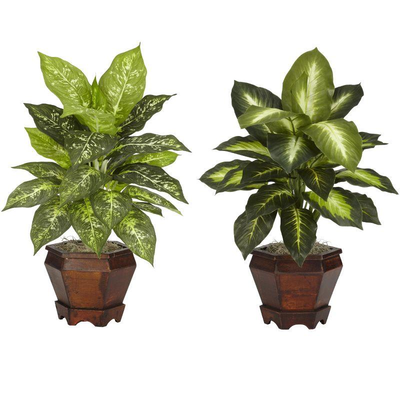 Nearly Natural Dieffenbachia with Wood Vase Silk Plant (Set of 2), Assorted