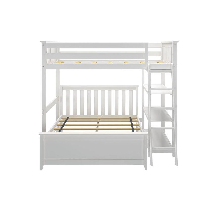 Plank+Beam Solid Wood Bunk Bed, L Shaped Full-Over-Full Bed Frame with Bookcase, White