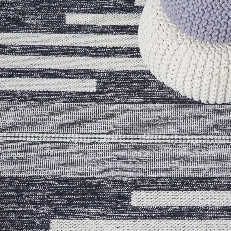 Ivory and Black Striped Kilim Square Wool Area Rug