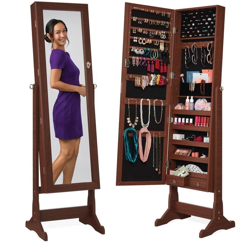 Walnut Freestanding Jewelry Armoire Cabinet with Full Length Mirror