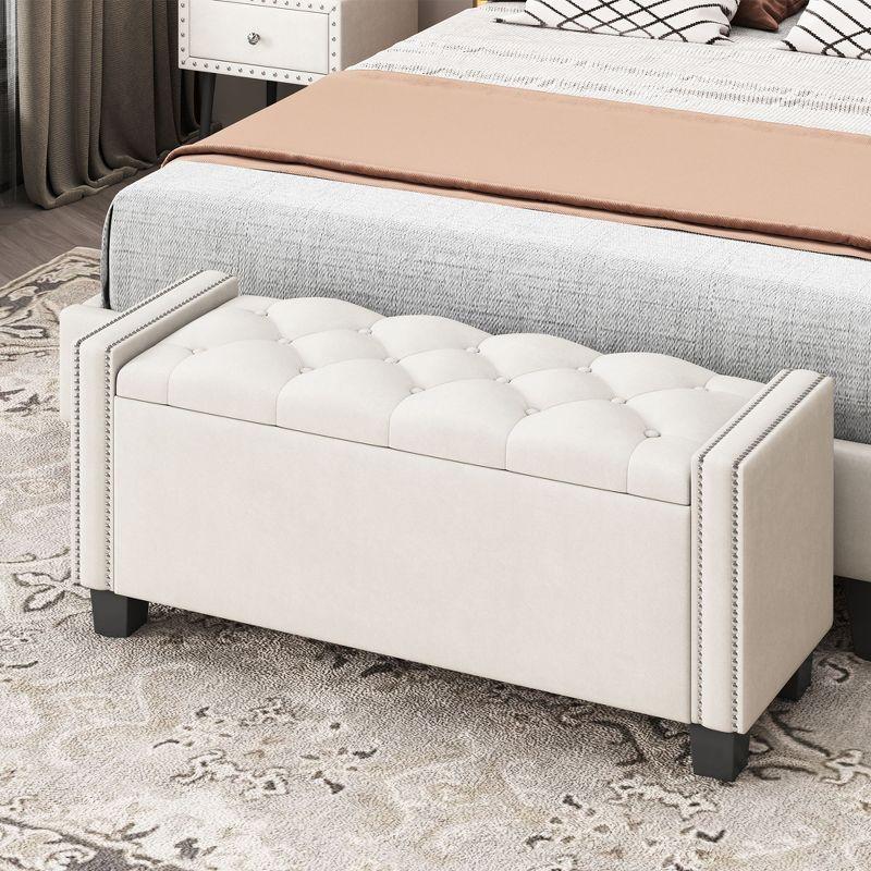 Beige Velvet Tufted Storage Bench with Rivet Design