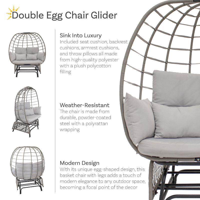 Sunnydaze Outdoor Polyrattan Double Egg Chair Glider with Cushions and Pillows - Gray