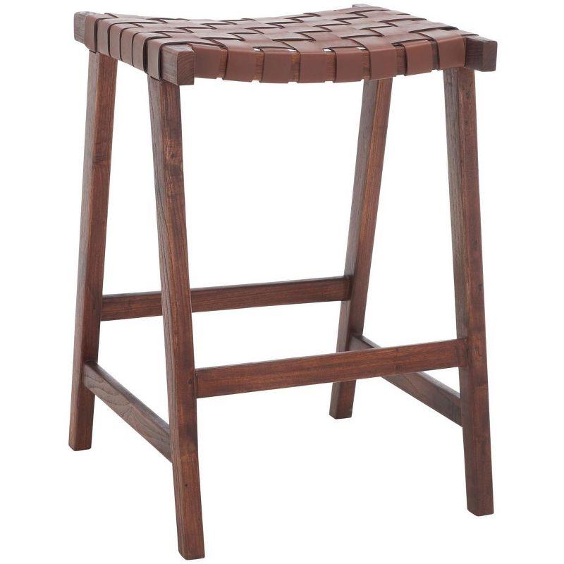 Cognac Woven Leather and Walnut Wood Backless Counter Stool