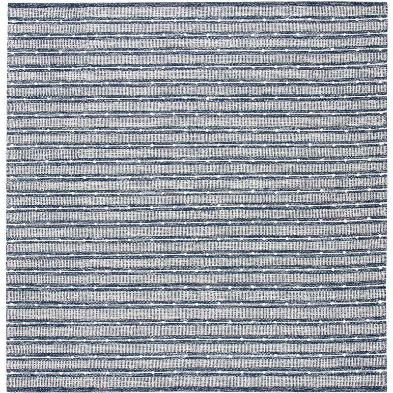 Handwoven Navy Blue Striped Kilim Square Wool-Cotton Rug