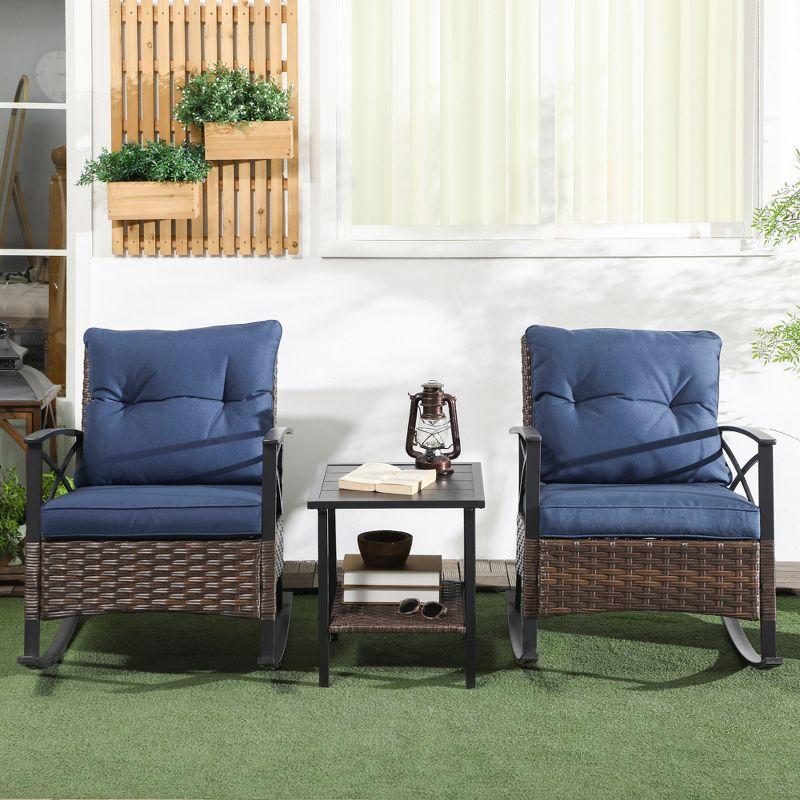 Outsunny 3 Piece Rocking Chair Bistro Set, Outdoor Wicker Porch Conversation Set with 2 Rockers, Table, Tufted Cushions for Garden, Dark Blue