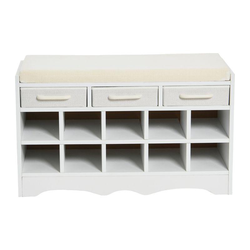 Entryway Storage Bench with 3 Drawers, 10 Shoe Compartments and Cushioned Seat