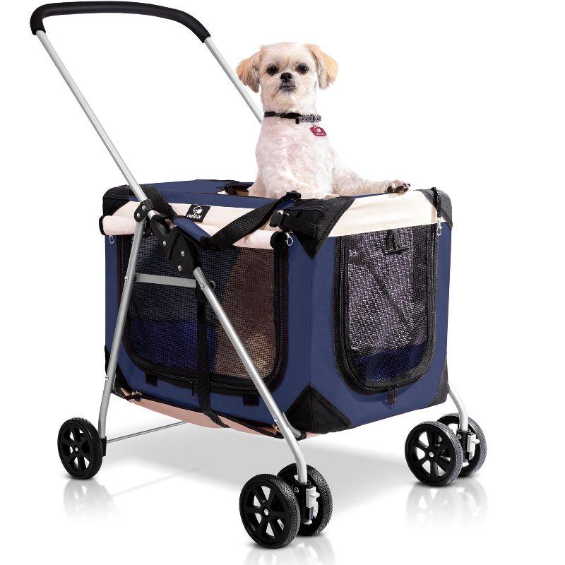 PetLuv Cat & Dog Stroller Foldable w/ Detachable Soft Pet Travel Carrier Fits 2 Cats or Medium Dog & Removable Plush Pillow Privacy Windows