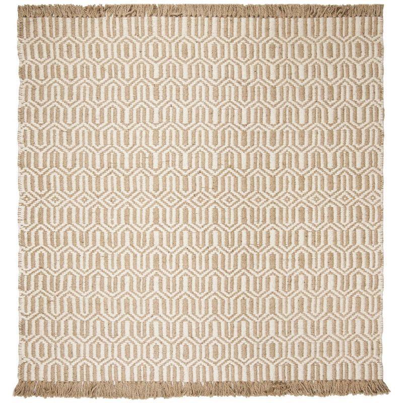 Ivory Geometric Hand-Knotted Jute 7' x 7' Square Rug