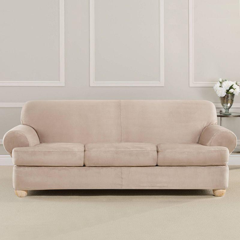 4pc Ultimate Stretch Suede T Cushion Sofa Slipcovers Cement - Sure Fit: Elastic, Zippered, Indoor Use