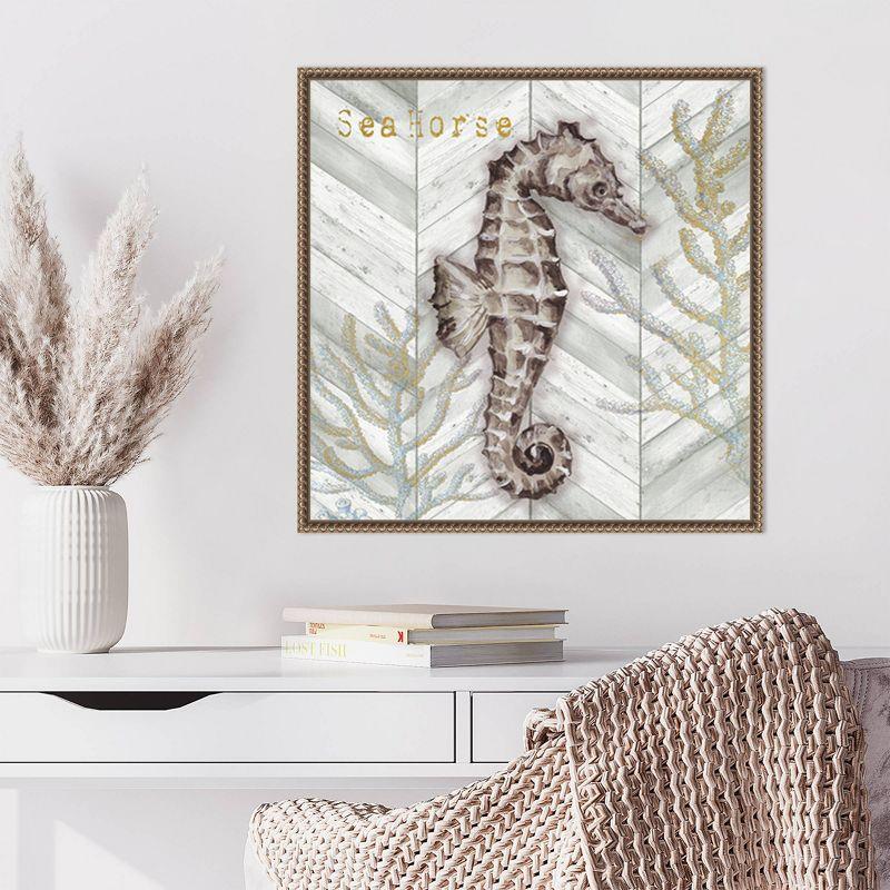 Gray Gold Chevron Seahorse Canvas Wall Art with Bronze Frame