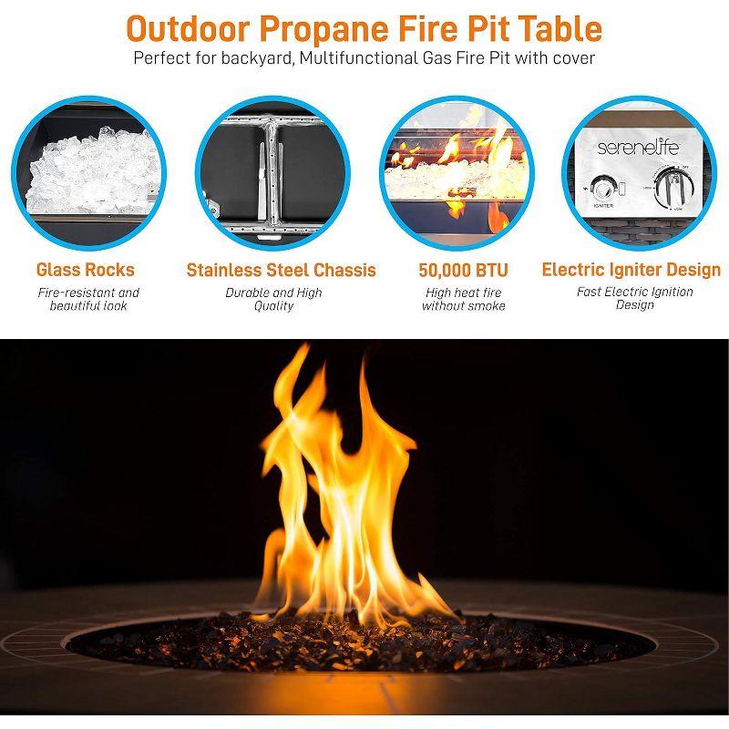 SereneLife Outdoor Propane Gas Fire Pit Table - 50,000 BTU Auto-Ignition Gas Firepit with Glass Wind Guard - SLFPTL.5