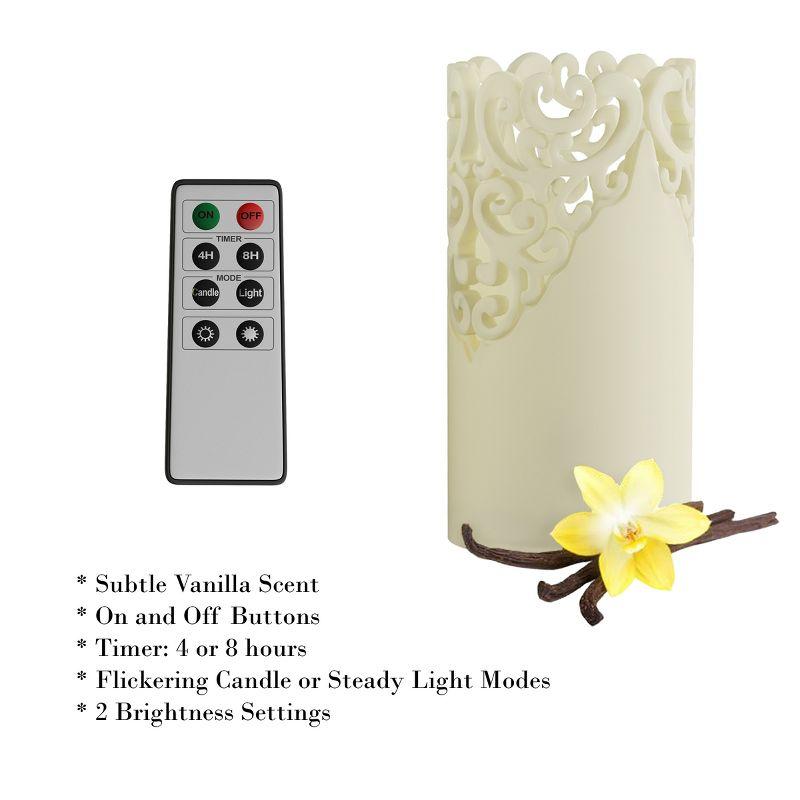 Remote Control LED Candles - Set of 3 Battery-Operated Realistic Flameless Pillars with Lace Details and Vanilla-Scented Wax by Lavish Home