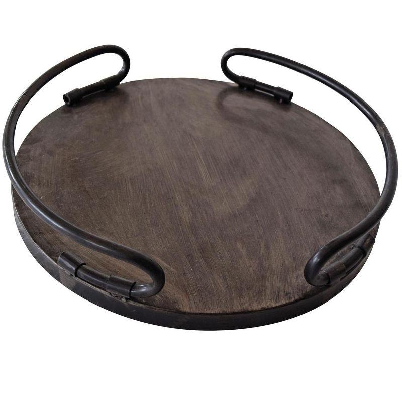 Small Round Dark Metal and Wood Tray with Handles