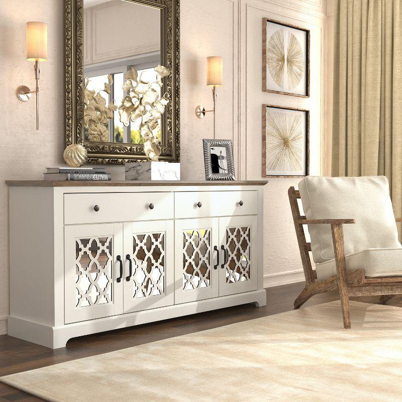 Galano Heron Ivory and Knotty Oak Wood 59.1in. 4 Door Wide Sideboard with Adjustable Shelves and Drawers Galano