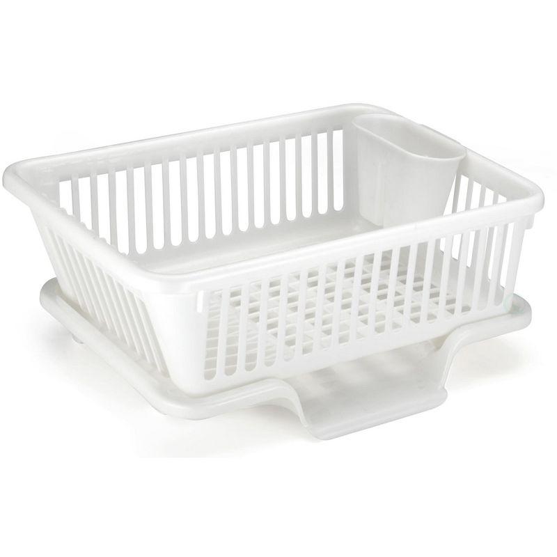 Basicwise Heavy Duty 2-Piece Plastic Dish Drying Rack Set in White - Includes Large Dish Drainer, Attached Drainboard, and Utensil Cup Holders