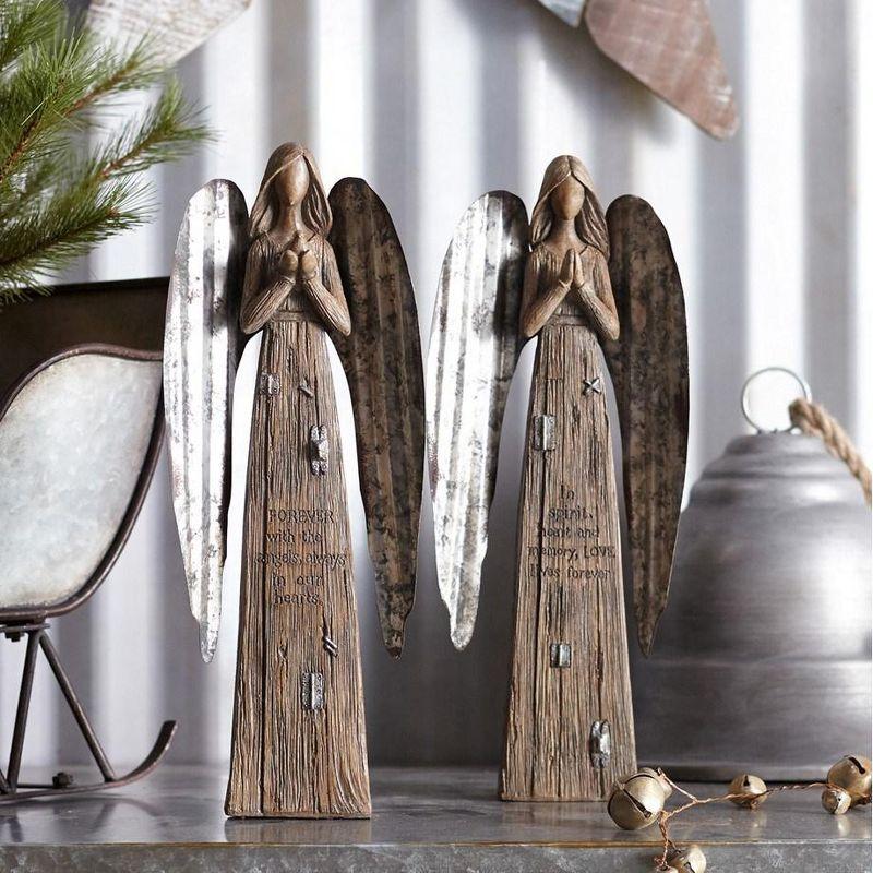 Rustic Wood Sentiment Angel with Galvanized Metal Wings (Set of 2)