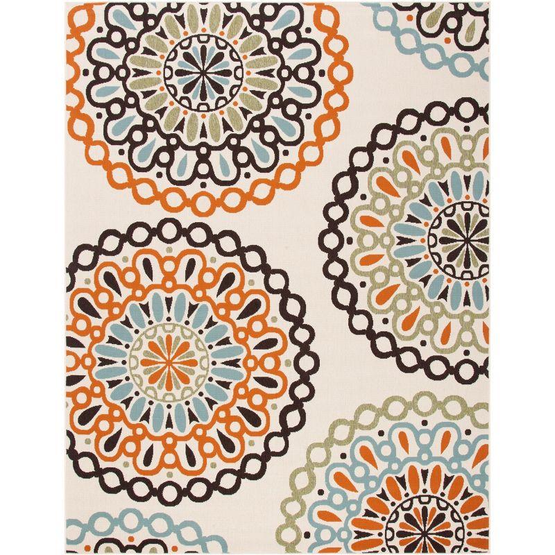 Cream and Terracotta Floral Rectangular Indoor/Outdoor Rug