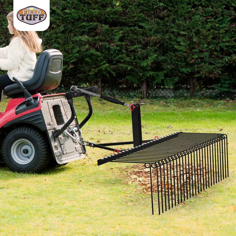 Field Tuff Steel Spring Coil Tine Tow Behind Landscape Rake for Leaves, Pine Needles, Straw, and Grass with 3 Point Hitch Receiver Attachment, Black