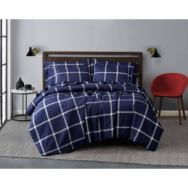 Navy and White King Windowpane Duvet Cover Set