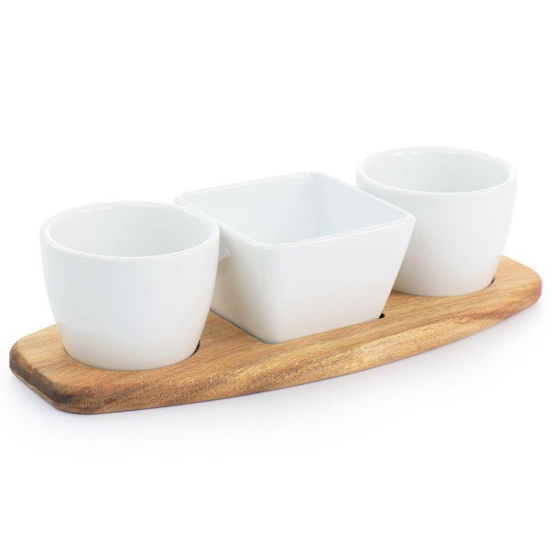 Gibson Elite Gracious Dining 4 Piece Fine Ceramic Tidbit Dish Set with Acacia Wood Base