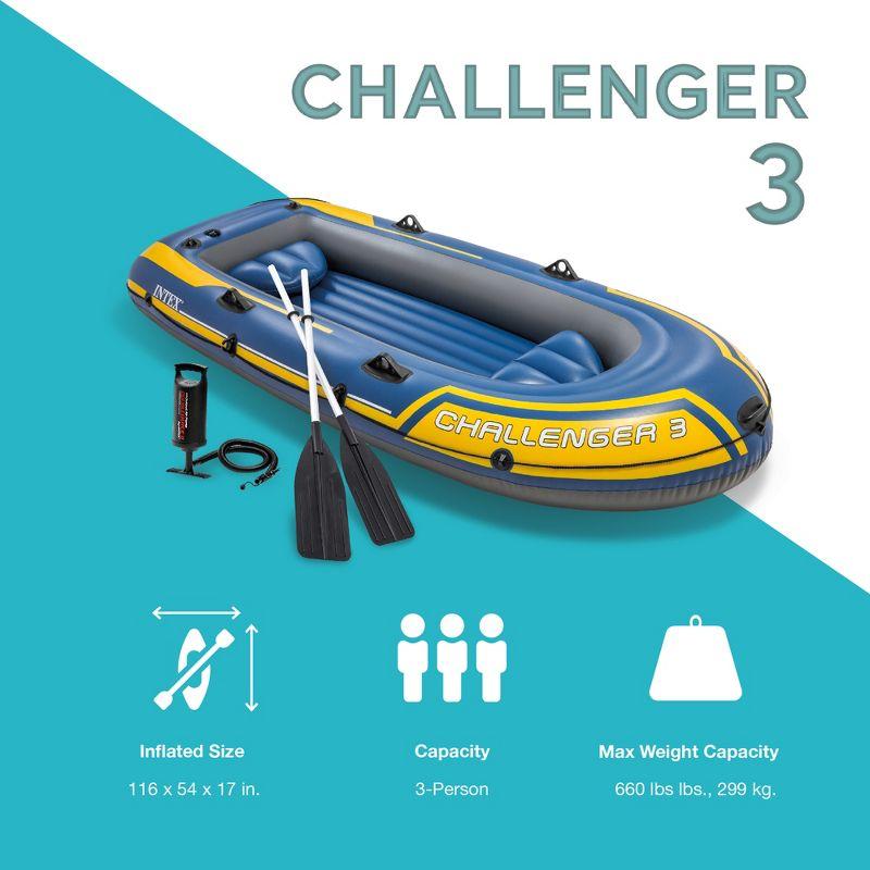 INTEX 68370EP Challenger 3 Inflatable Boat Set: Includes Deluxe 48in Boat Oars and Pump – Triple Air Chambers – 3-Person – 660lb Weight Capacity
