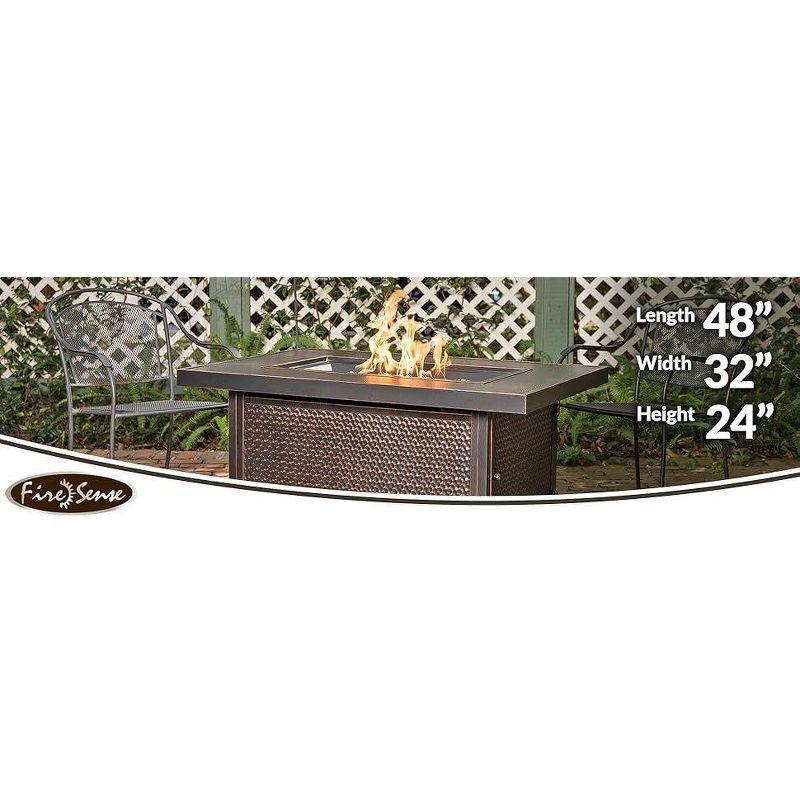 Fire Sense 48” Weyland Hammered Aluminum Gas Fire Pit 55,000 BTU Multi-Functional - Protective Cover and Clear Fire Glass - Rectangle - Bronze Finish