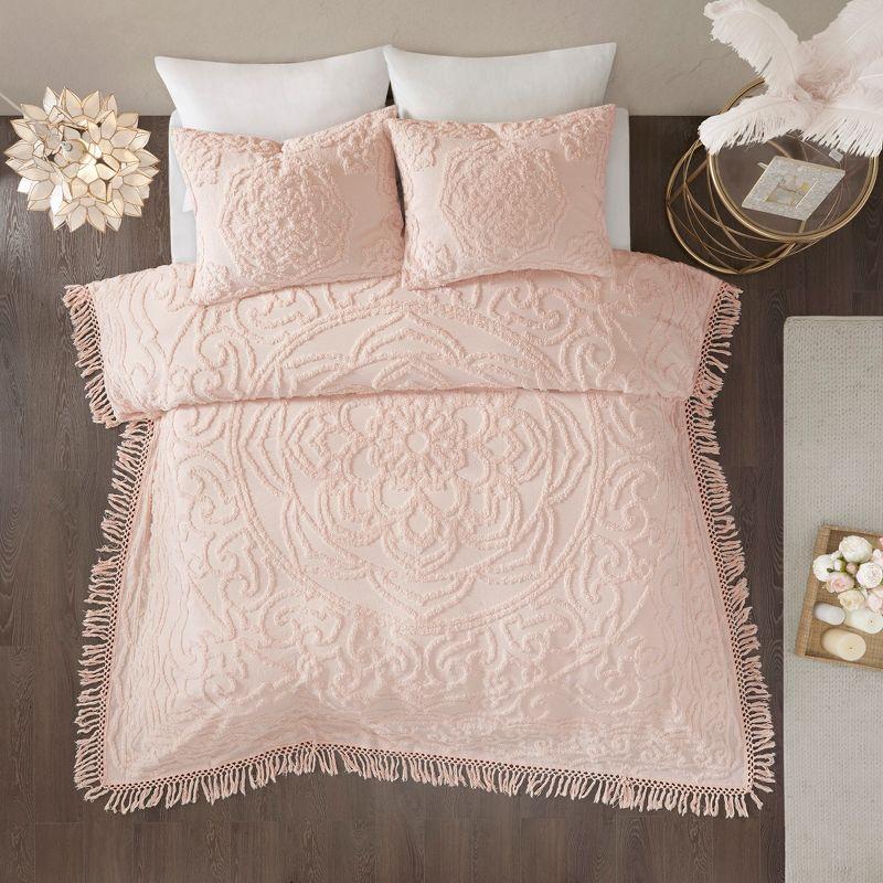 King Blush Cotton Chenille Medallion Fringe Coverlet Set