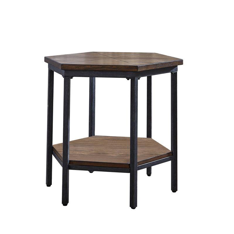 Mocha Hexagonal Wooden End Table with Iron Base and Storage