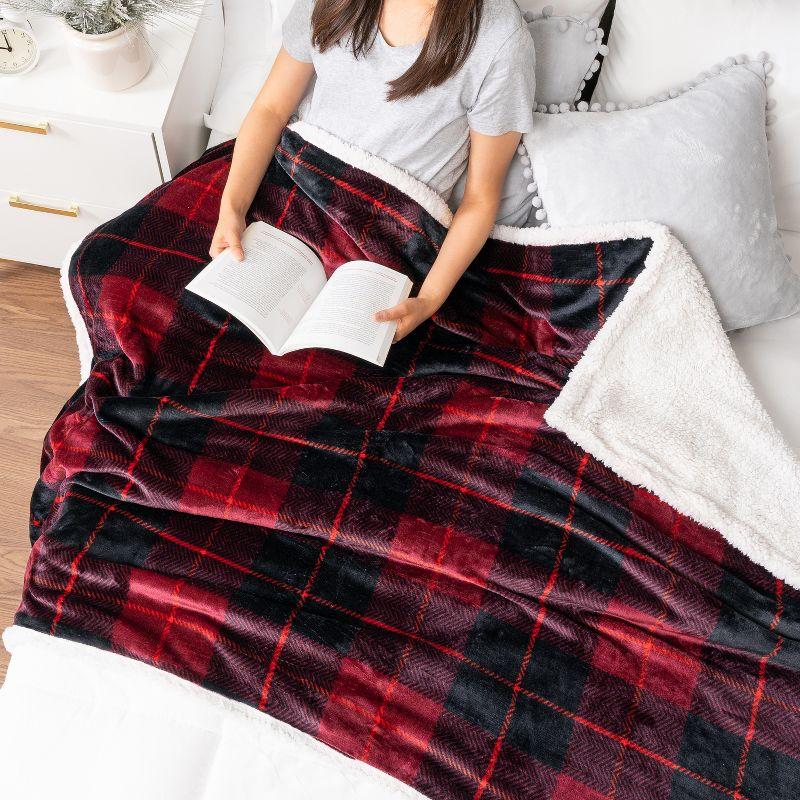 PAVILIA Fleece Plush Microfiber Throw Blanket for Couch, Sofa and Bed, Reversible, Plaid Red/Twin - 60x80