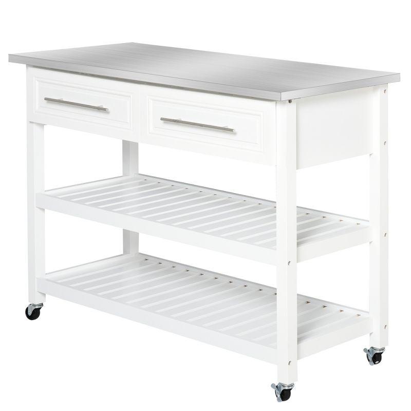 HOMCOM Kitchen Island with Stainless Steel Top, Traditional Kitchen Island with Storage, 2-Tier Open Shelves, Drawers