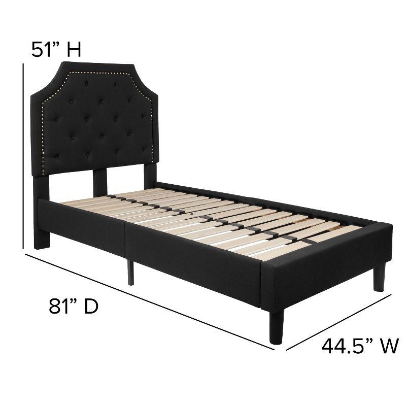 Elegant Twin-Sized Black Upholstered Bed with Tufted Headboard and Gold Nailhead Trim