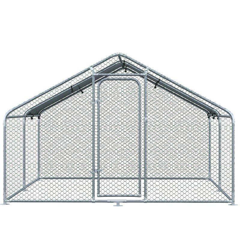 PawHut Galvanized Large Metal Chicken Coop Cage 2 Rooms Walk-in Poultry Hen Run House Rabbit Hutch UV & Water Resistant Cover 10' x 13' x 6.5' Silver