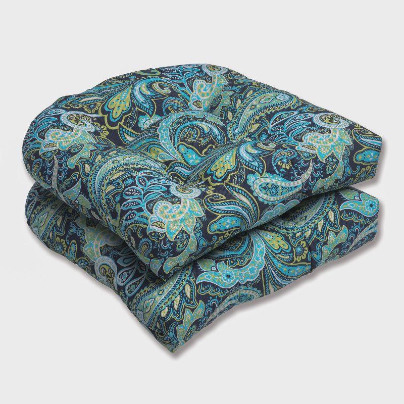 Paisley Elegance Outdoor Tufted Chair Cushions, Aqua & Navy, Set of 2