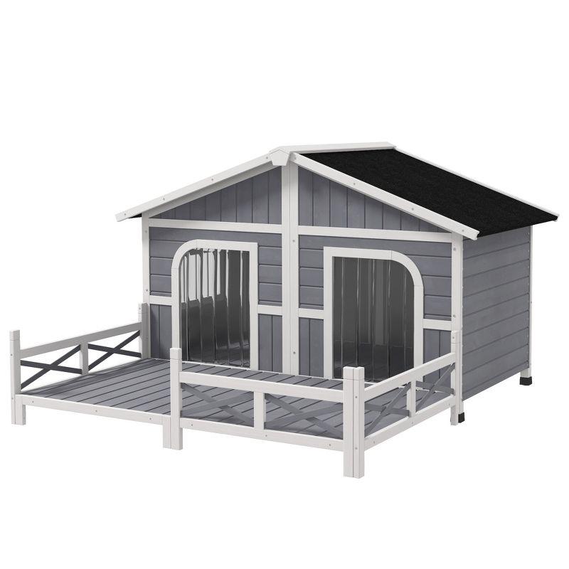 PawHut 59"x64"x39" Wood Large Dog House Cabin Style Elevated Pet Shelter w/Porch Deck