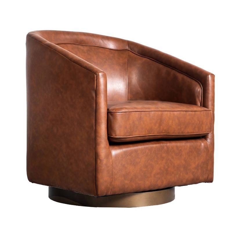 Brown Faux Leather Swivel Barrel Chair with Wood Base