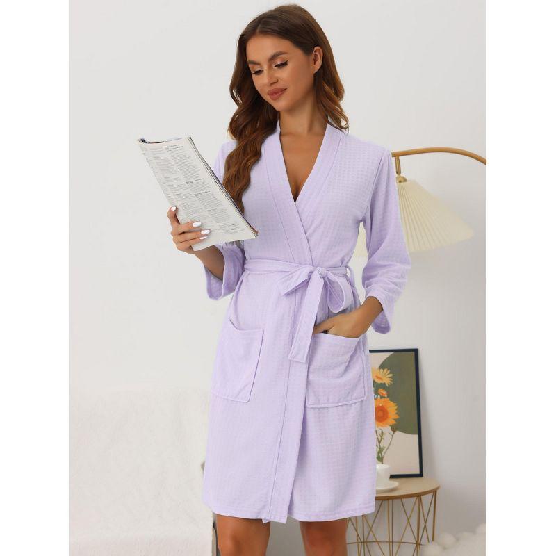 cheibear Women's Mid-Length Two Pockets Soft Spa & Bath Waffle Robes With Belt Purple Small