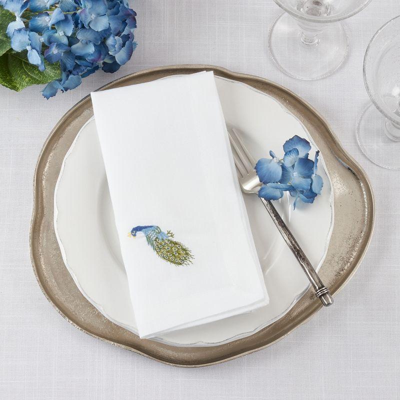 White Polyester Napkins with Embroidered Peacock Design, Set of 4