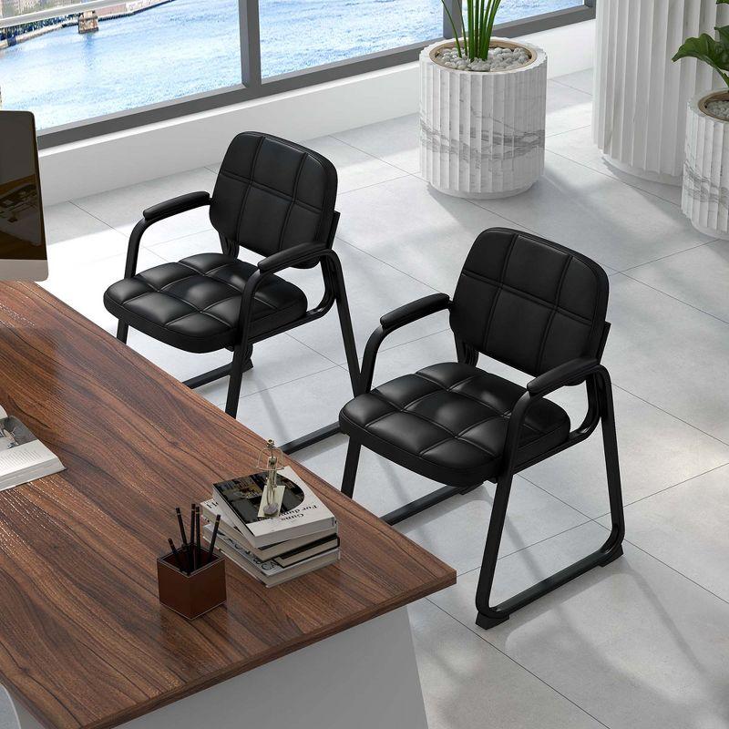 Black Leather Upholstered Guest Conference Chairs with Metal Frame, Set of 2