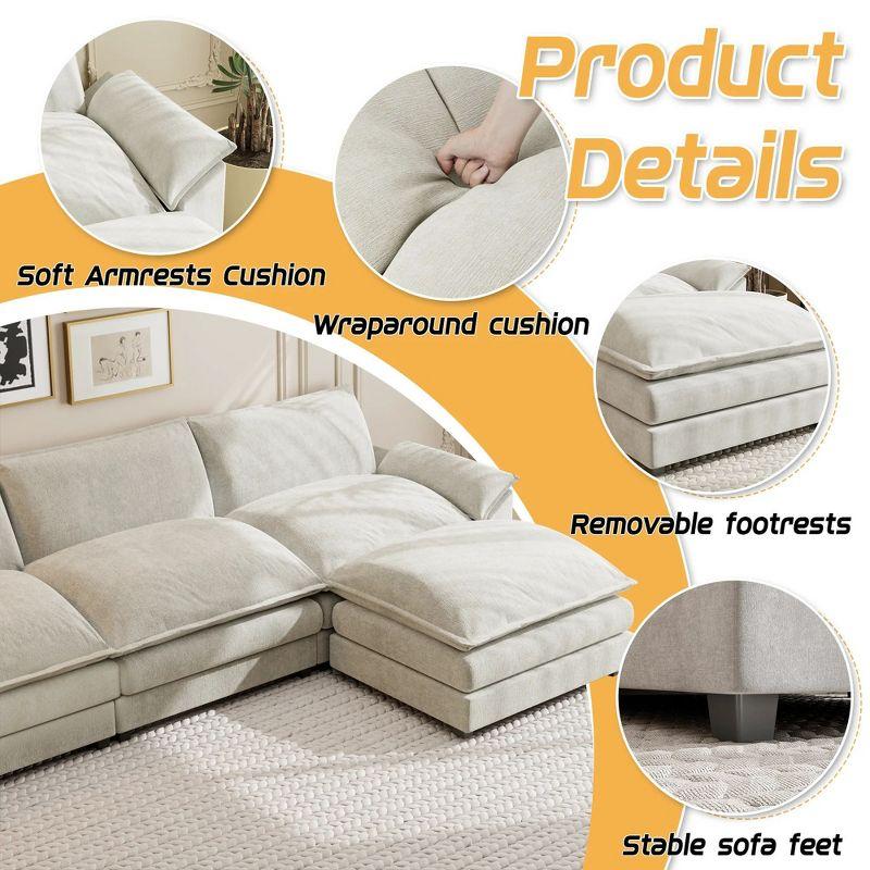 LACOO 118 in. Chenille L-Shaped Modular Sectional Sofa with Ottoman - Off White
