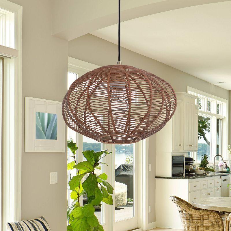 Modern 14'' Globe Pendant Light with Woven Rattan Shade, Brown