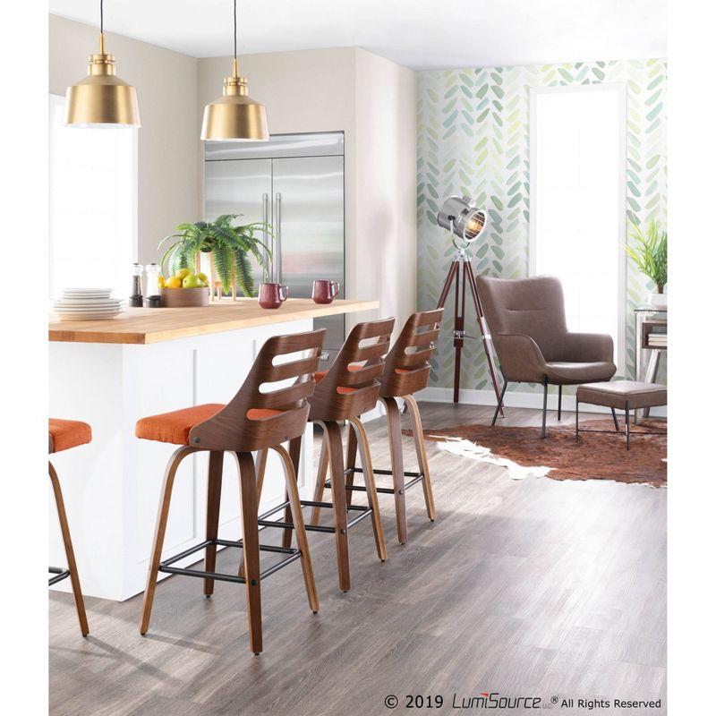 Set of 2 Trevi Upholstered Counter Height Barstools Orange/Walnut - Lumisource: Modern Ladder-Back, Swivel Design, Wood Legs