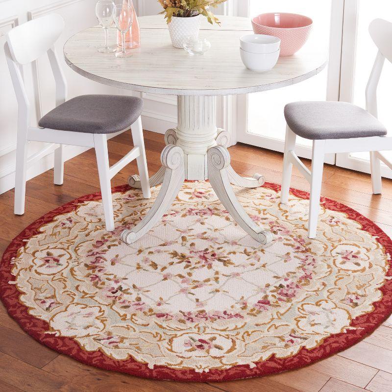 Ivory and Burgundy Floral Hand-Hooked Wool Round Rug